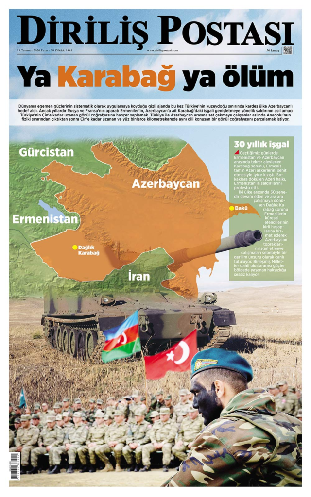 Cover of “Dirilis Postasi” depicting southern Armenia and Artsakh as completely annexed to Azerbaijan