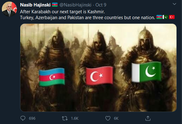 Azerbaijani social media users were circulating a tweet under which they were threatening India that after the war in Artsakh, Kashmir will be next.