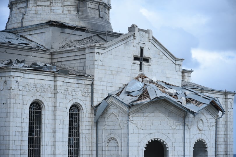 Aftermath of Azerbaijan’s attacks on Shushi’s Ghazanchetsots Cathedral, October 8 (Photo: Armenian Unified Infocenter)