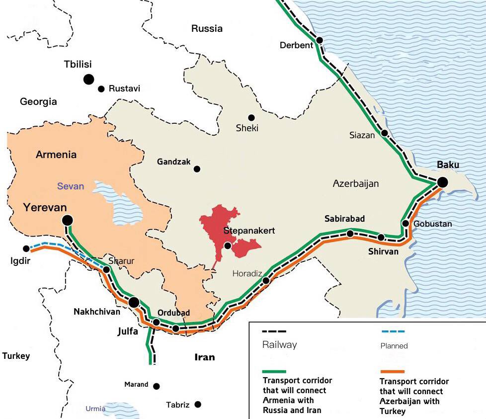 Kommersant.ru has published this map (13/1/2021) showing the prospective road and rail links that will be opened between Armenia and Azerbaijan, linking Armenia to Russia and Azerbaijan to Turkey…essentially reviving the Soviet-era railway closed since 1990. Translated by Jora Karapetyan.
