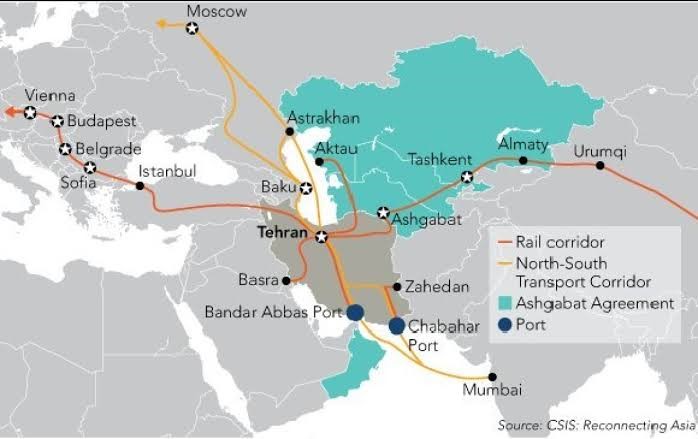 Existing railways and transit roads of INSTC connecting major Eurasian cities to each other. (Source with permission: CSIS Reconnecting Asia, Insights on India, May 3, 2021)