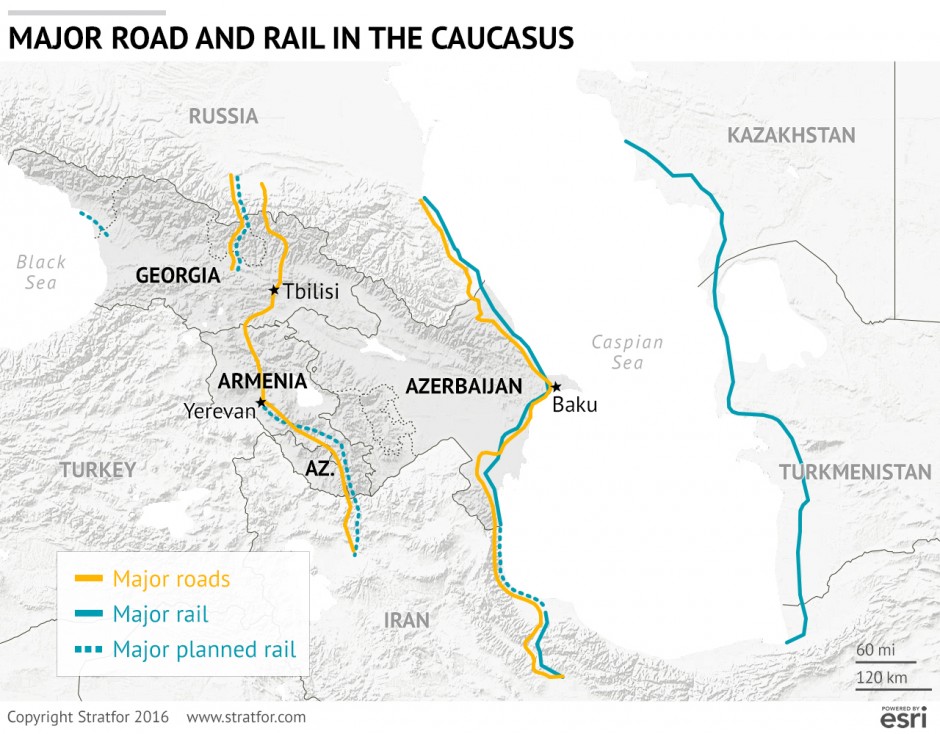 Armenia’s vision of the North-South corridor (roads and railways) connecting Northern Armenia to the South and Iran. (Source: Stratfor, January 2, 2016)